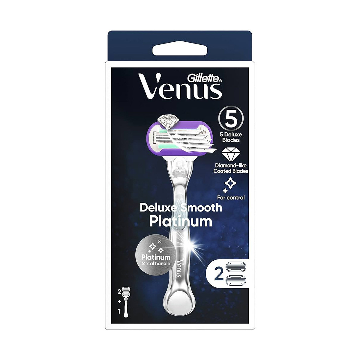 GILLETTE VENUS 5 DELUXE SMOOTH PLATINUM RAZOR + 2 BLADES